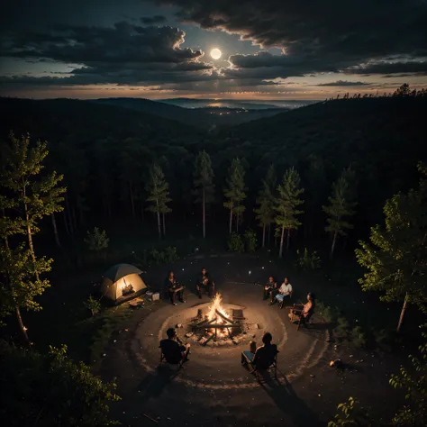 Aerial angle shot of a forest, a camp fire with black people sitting around it, can be seen at a distance in the middle of the forest, night time with the full moon shining, through the dark clouds, giving a grey and black colour grading, cinematic scene, ...