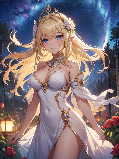 top-quality、Top image quality、​masterpiece、Full body naked girl((24 year old、Best Bust、big bast、Bust 90,Beautiful blue eyes、,Blonde long hair、A slender、a closeup、Esbian、beautiful tiara、hiquality、Beautiful Art、Background with((starrysky)))masutepiece、visual...