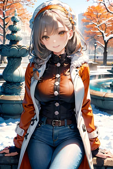 (3D Animation:1.3),(Realistic raw photos),(((In front of the fountain in the snowy park:1.3))),cute and beautiful adult woman,Cute round face,Cute smile,(((orange short duffel coat:1.3))),(white off-shoulder sweater),Jeans pants,Knitted hats,muffler,gloves...