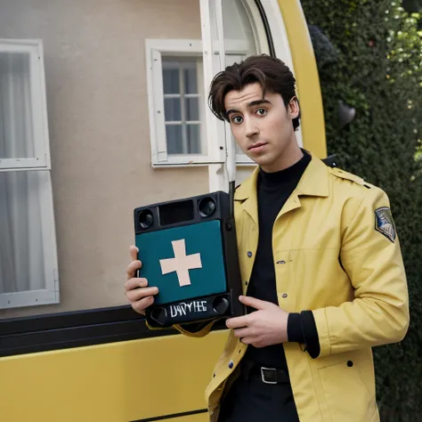 Une image dans le style Disney qui représente une ambulance jaune rectangulaire rayé sur le côté et un jeune pompier à la fenêtre avec le pouce en l air