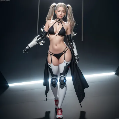 ((full body))，Beautiful Face,face is Japan, 1 Woman, Big, Curvaceous, (16k, RAW photo, top quality, masterpiece: 1.2), (HDR, Realistic, Photorealistic: 1.37) (tube attached to the body), (Bikini Cyborg robot parts)))), (light gray hair), Long hair, Wavy ha...