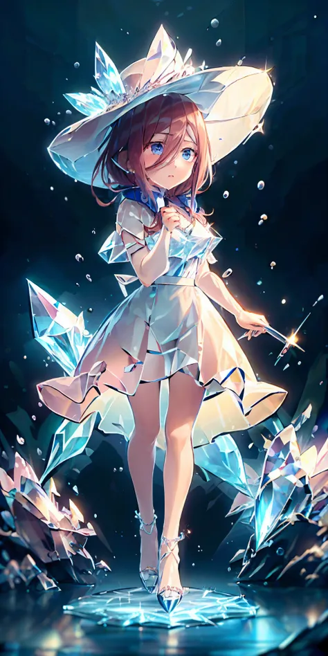 Miku Nakano, shy, blushing, cute, 4k, high quality, highly detailed, miku Nakano, flowing long skirt, white top with volant short sleeves, cute hat, flowers as a hairtie, sandals. Perfect face, highly detailed, perfect anatomy. Crystal, ice crystal aesthet...