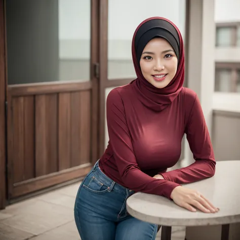 46 years old, Indonesian Mature woman, mature age woman, Hijab, Wearing Tight Long-Sleeve T-shirt, Huge Natural Breast, casual Pose, Smiling face, Professional Photoghraphy, work By Master Of Photoghraphy, At studio photo, High realistic Light, Deep photo,...