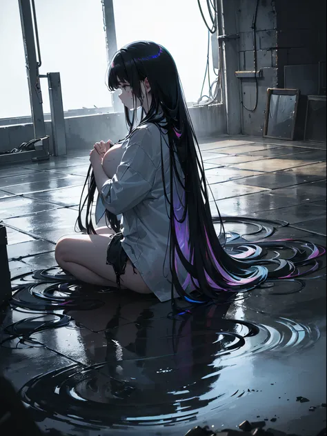 A girl in profile kneeling praying with her head down, (((long hair, dirty hair, dirty face, dirty clothes))), in a puddle of dirty water, inside a destroyed church, medium breasts, thick legs, big ass, full body, {extremely detailed 16k CG unit wallpaper}...