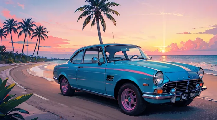 blue sand beach, pink sky, palm tree, classic car