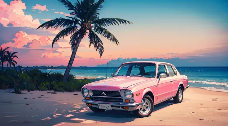 blue sand beach, pink sky, palm tree, classic car