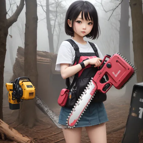 icons、kawaii girl、chainsaw in both hands、a cool