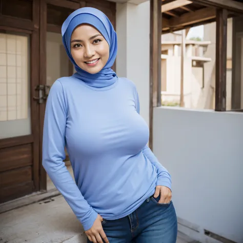 46 years old, Indonesian Mature woman, mature age woman, Hijab, Wearing Tight Long-Sleeve T-shirt, Huge Natural Breast :42.9, casual Pose, Smiling face, Professional Photoghraphy, work By Master Of Photoghraphy, At studio photo, High realistic Light, Deep ...