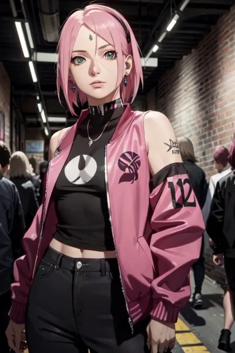 (masterpiece:1.2, best quality), (1lady, solo, upper body:1.2),sakura haruno, colored hair, long hair, tattoos, jacket, earrings, choker, necklace, Hanging out in an underground music venue or street art exhibit