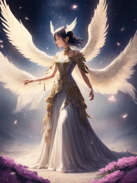 Imagine a serene scene with a woman standing tall, her wings spread wide, casting a purple-hued glow around her. She gazes confidently ahead, surrounded by symbols of healing and growth, perhaps blossoming flowers or swirling patterns representing her jour...