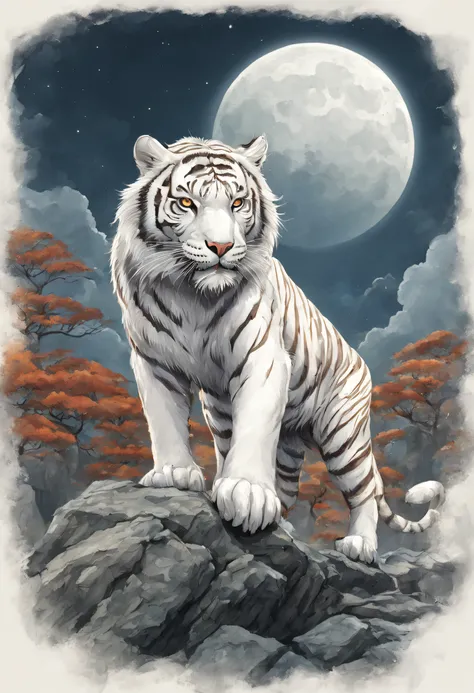 silver zodiac tiger,The background is the full moon,((Huge white wings))Fly in the air, author:ghana trip, Tigre_beastly, traditional japanese concept art, 3 0, Huge white tiger, Very detailed official artwork, Large tube wood peach style, full color digit...