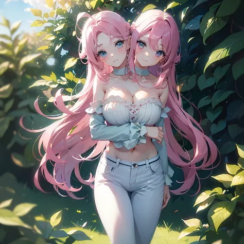 (masterpiece, best quality), best resolution, (2heads:1.5), 1girl, pink hair, teal eyes, long hair, shy, white outfit,  light blue pants, garden background