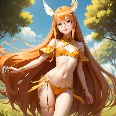 Orange long hair、hime-cut、Golden Eyes、eye glasses、ssmile、early teenage girls、flat chest、Thin pubic hair、Beautiful open legs、thin feather fabric、grass field