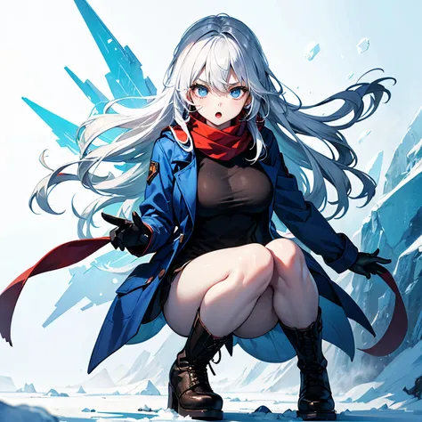 (masterpiece), 1girl, best quality, expressive eyes, perfect face, winter clothes, (white skin, pale skin), gloves BREAK Thick eyebrows, glaring, red scarf BREAK winter coat, blue coat BREAK light blue eyes, white hair, long hair, large breasts, :o, abstra...