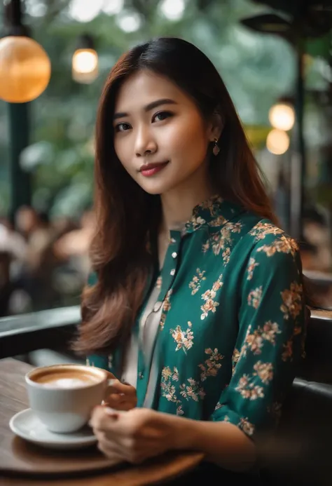 beautiful singaporean girl with shoulder-length hair at a cafe with a cup of coffee, thinking