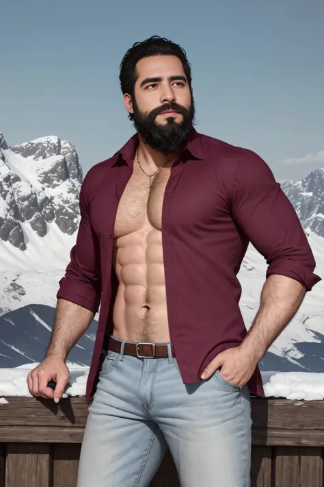 An illustration of a Greek god with a muscular build and a thick beard.................................................., designed in modern western attire.................................................. Tiene una camisa blanca y jeans......................