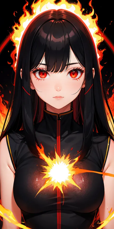 1girl, black hair, red eyes, fire witch, blood, light particles, light rays, wallpaper, high contrast, colorful,