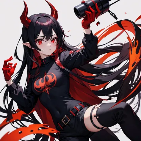 Waifu,ultra hd,red or black hair,demon,demon tail,demon horn,cute,red eye,black glove,normal booba,echi, red or withe pants,