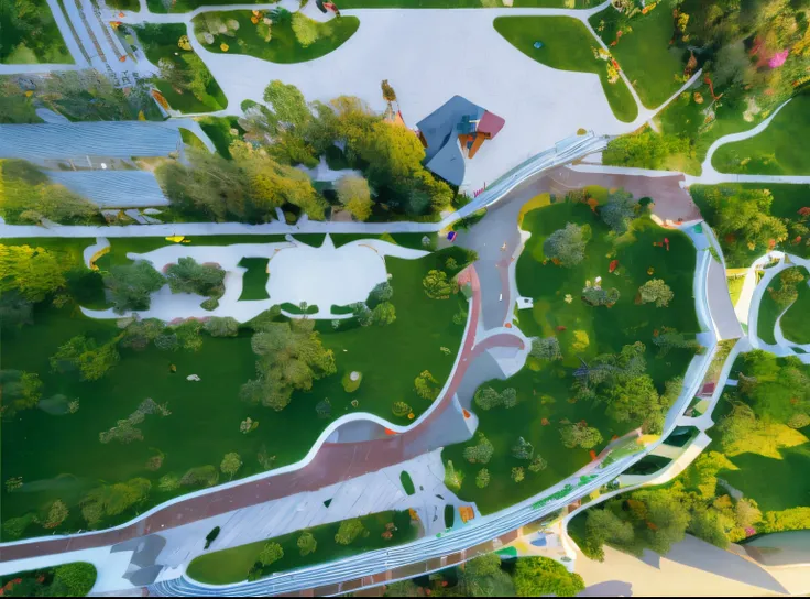 Aerial view of park with winding road and circular park, city of the future in russia, Cha Shibiao, Inspiring aerial view, birds eyes view, looking from above, photograph from above, birds eyes view, birds eyes view, nanquan, a park, bird&#39;s eye view fr...