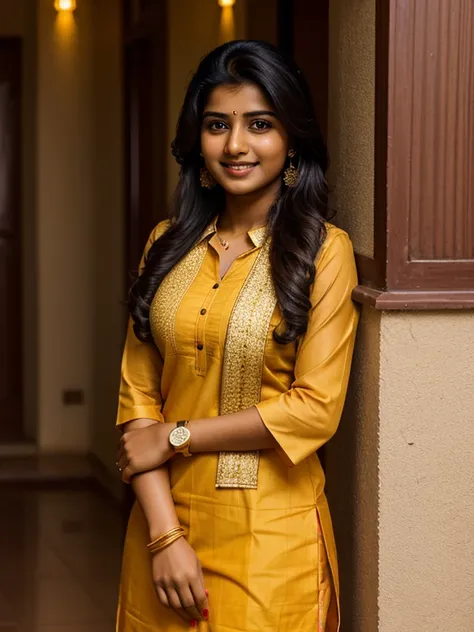 Portrait of 20 year old beautiful Tamil girl, tight kurti, shawl, patiala pant, wrist watch, high heels, 34C, bright lighting, (bright smile), eyes symmetry, face symmetry, standing in the Indian road