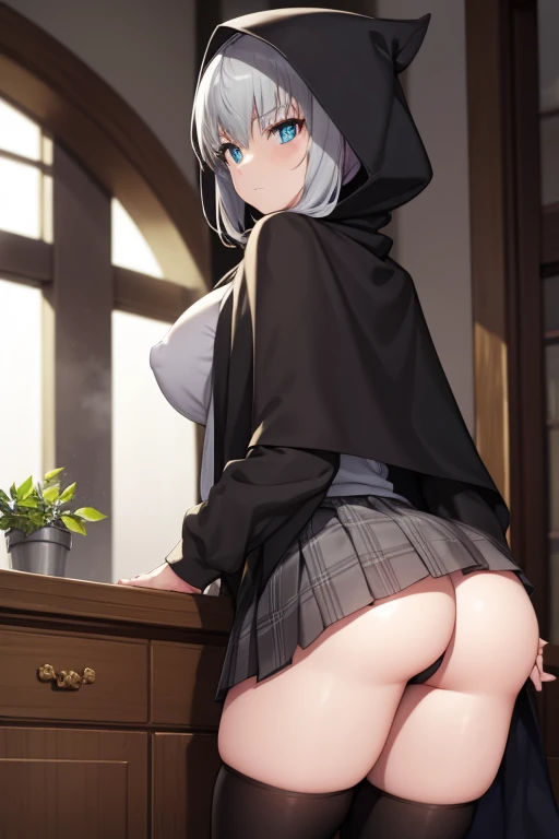 fgogray, gray, blue eyes, short hair, grey hair, ahoge,
BREAK black cape, black footwear, black ribbon, black shirt, black thighhighs, cape, grey skirt, hood, hood up, long sleeves, miniskirt, plaid, plaid skirt, pleated skirt, ribbon, shirt, skirt, solo, ...