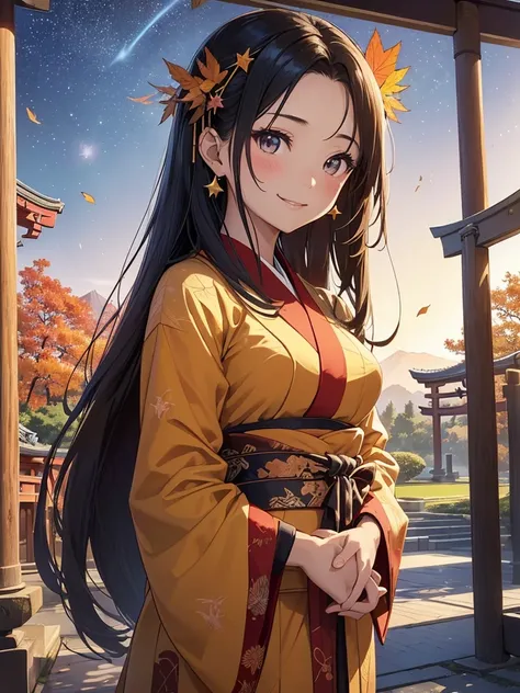 top-quality、Top image quality、​masterpiece、beautiful japanese kimono girl((20yr old、Best Bust、big bast、Bust 90,Beautiful eyes、,Long Black Hair、A slender、a closeup、Esbian、Beautiful decoration、hiquality、Beautiful Art、Background with((starrysky)))masutepiece、...