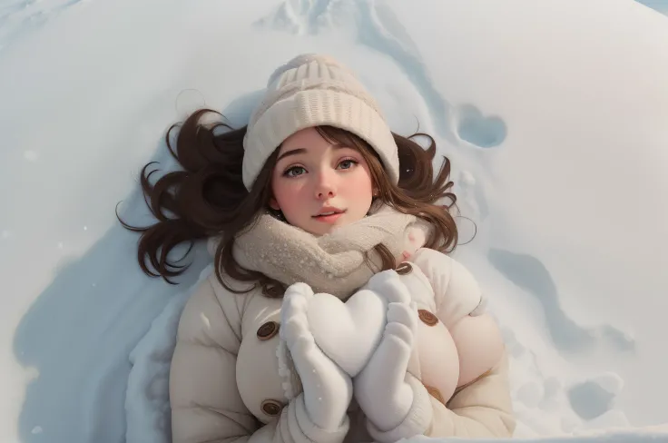 (best quality), big head, (1girl with gigantic breasts:1.3) fat Girl With Brown Hair , White Pale Skin Tone, Woman lying in the snow , Snow heart In hands of woman , wearing Winter Clothing , Snow , Cold , Wearing Gloves , Holding a Heart Love Snow , UHD ,...