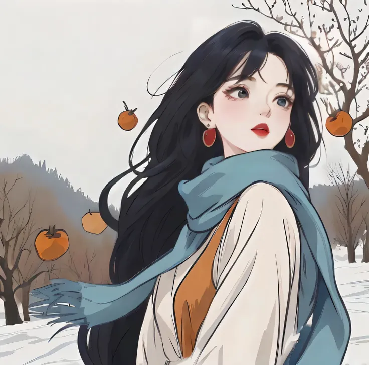 long black hair in the snow、Anime girl wearing blue scarf, Digital anime illustration, Anime style illustration, A beautiful artistic illustration, Anime style 4k, White skin of the, stunning art style, beautiful anime art style, Belle peinture de personna...