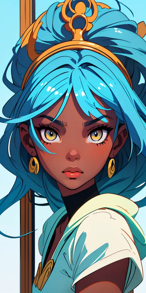 ((beste-Qualit, tmasterpiece):1.2), Incredibly detailed and stunning piece of art High resolution and flawless execution. blue hair African girl in African national clothes accessories small looking into the frame blue yellow dark skin small slanted eyes