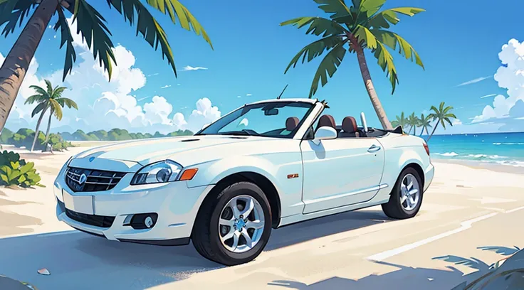 sand beach, palm tree, summer blue sky, (((white convertible car)))