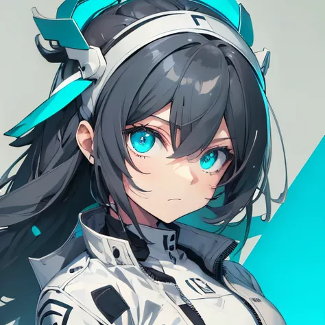 (masutepiece:1.2, Best Quality),  [girl, Manteau, expressioness, Turquoise eyes, front facing, jet-black hair, Jacket comes off, Upper body] (Gray white background:1.7),