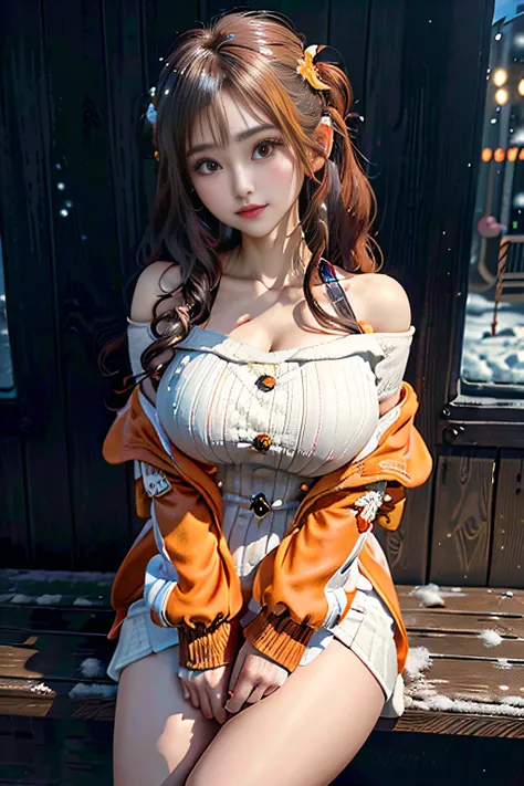 (3D Animation:1.3),(Make the subject look three-dimensional with the contrast of light and shadow),(((winter snowy mountain climbing:1.3))),cute and beautiful adult woman,Cute round face,Cute smile,with blush cheeks,Red Lip,(((Orange Open Short Duffle Coat...