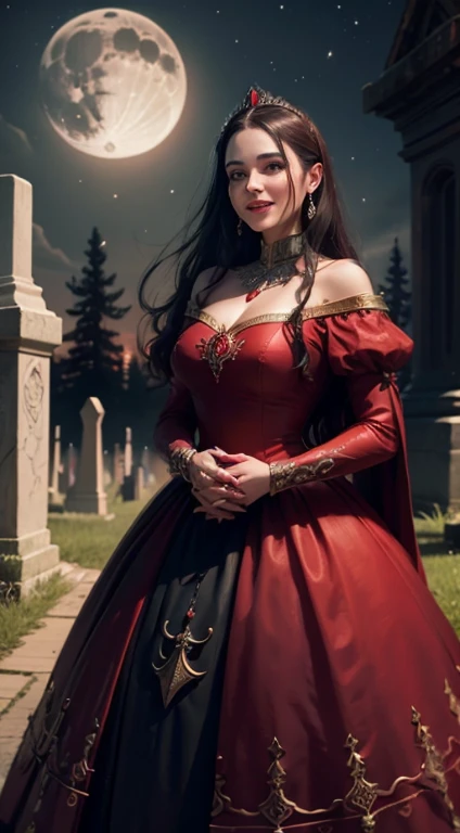 woman medieval in red princess dress, in the cemetery cigarette night, wearing red and black bead thread, big ruby ​​ring and laughing holding trident, background moon and stars and mistical supernatural.