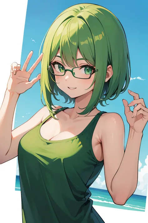 Garota, cabelo loiro, anime, olhos verdes, short curto de academia, blusa colada, eyeglass, fundo de academia, posando, sorrindo, fundo de gyn, pesos no fundo