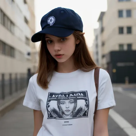 A girl wearing a shirt with a cap