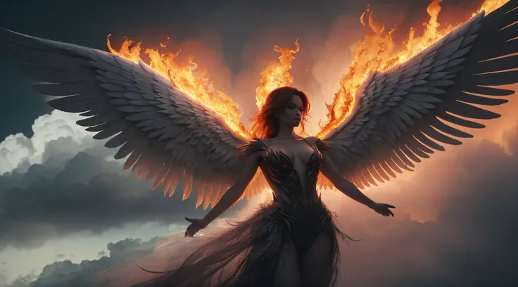 Anjo com asas expansivas em chamas, elevado, envolto em chamas divinas, captured in a hyper-realistic 8k cinematic style, detailed feathers illuminated amidst the conflagration, dynamic contrast, volumetric lighting casting ethereal glows onto the surround...