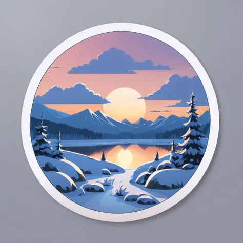 (Sticker),White background,(in circle), winter sunset, ,Simple, Ultra detailed, Detailed drawing, vectorised, Silhouette, 8K, professional sticker design, Flat design, Vector lines, Sticker, Full-HD, pastel monochrome