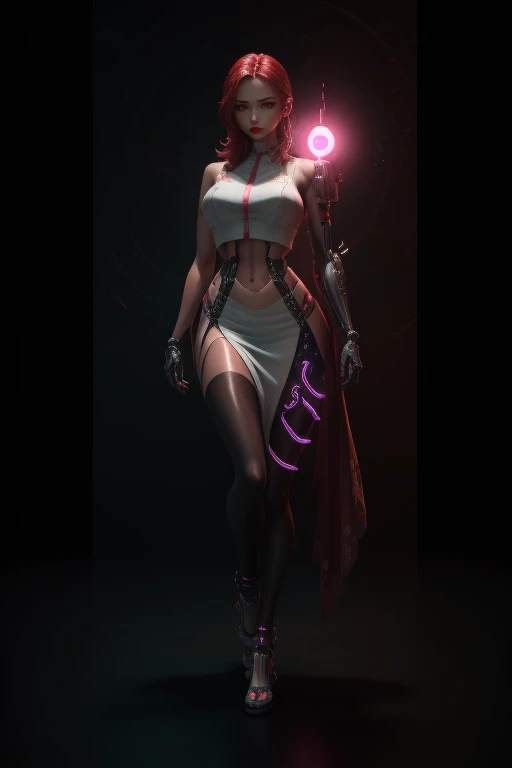 beautiful Seducer, Samurai Cyberpunk, pele nua, Well-toned athletic body, forma elegante, pele nua, Fora no Neon Palace, mal vestido, beautiful face, Smaurai-inspired bikini armor, mechanical limbs, Robotic parts on display, pele cromada, shiny neon pieces...