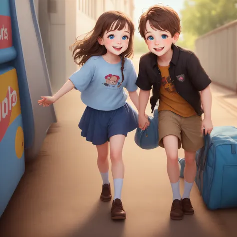 Pixar image of twin 3 year olds boy and girl. Brown hair and blue eyes and pretty smiles