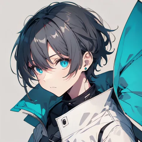 (masutepiece:1.2, Best Quality),  [girl, Manteau, expressioness, Turquoise eyes, front facing, jet-black hair,short cut hair, Jacket comes off, Upper body] (Gray white background:1.7),