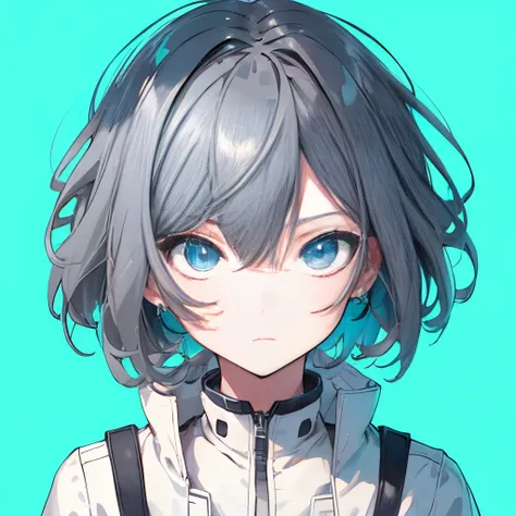 (masutepiece:1.2, Best Quality),  [girl, Manteau, expressioness, Turquoise eyes, front facing, jet-black hair,half short cut hair, Jacket comes off, Upper body] (Gray white background:1.7),