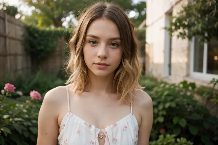 8k, RAW photo, Fujifilm, style photo of a beautiful young woman as avril in a garden of light pink roses (highly detailed skin: 1.2) Style-Petal BREAK short hair, blonde hair with colored locks, wearing a dress, film granulation, 35mm, cute style