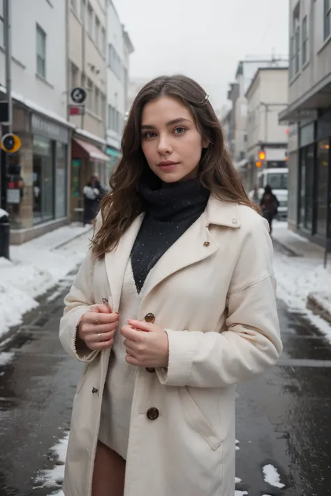 professional portrait photograph of a gorgeous Norwegian girl in winter clothing with long wavy blonde hair, sultry flirty look, gorgeous symmetrical face, cute natural makeup, wearing elegant warm winter fashion clothing, ((standing outside in snowy city ...