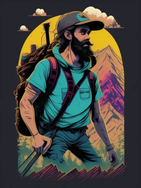 Vintage hiker character design，a sticker，full body shot shot，style of anime，Trigger studio style，comic book art，comic strip，scribble art，graphical，Intense neon color，Golden ratio composition，design for tshirt，8K