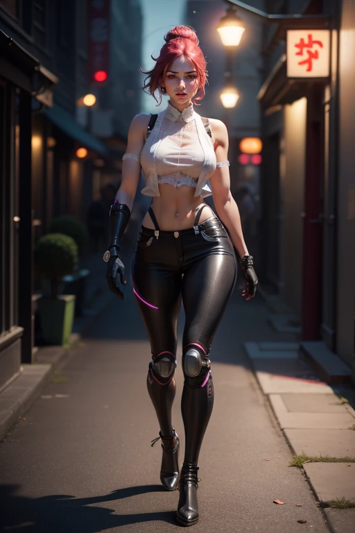 linda sedutora, samurai cyberpunk, pele Agora mesmo, Well-toned athletic body, Forma elegante, pele Agora mesmo, Fora no Neon Palace, Mal vestido, beautiful face, Smaurai-inspired bikini armor, mechanical limbs, Robotic parts on display, pele cromada, glow...