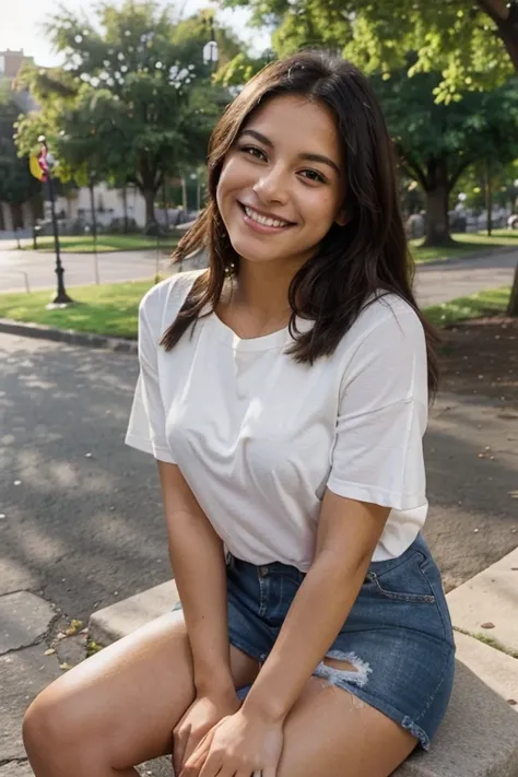 young smiling Latina, with attractive and youthful features, taking a selfie in a pleasant environment. She is in a park, standing or sitting, with an out-of-focus street in the background. Her expression is happy and relaxed, with the sun illuminating her...