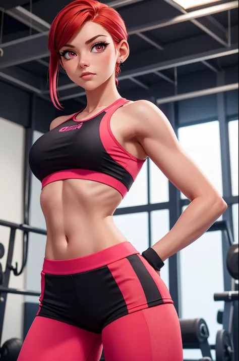 Shes a young, slender woman with short, vibrant red hair and bright pink eyes, dressed in fitted gym attire. Confident and determined, she exudes assurance with a strong posture and a self-assured expression. Her domain is the gym, where her infectious ene...