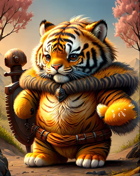 Qualidade de imagem superior、"Crie uma obra-prima de criaturas fofas. （um tigre）, alto detalhamento, em 8K、Qualidade de imagem superior、Vestido de aventureiro、Holding a sword and shield in hand、