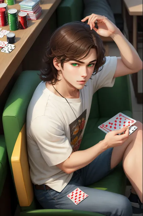 Anime styled short white male, green eyes, long dark brown hair, playing cards theme