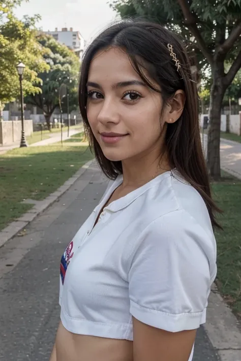 joven latina sonriente, con rasgos atractivos y juveniles, tomando una selfie en un ambiente agradable. Shes in a park, de pie o sentado, con una calle desenfocada al fondo. His expression is happy and relaxed., con el sol iluminando su rostro y resaltando...